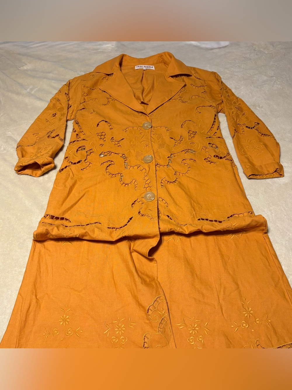 Free People Burnt Orange Cutout Embroidered Button Jacket